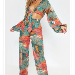 Orange Big Leaf Wide Leg Beach Pants and Shirt